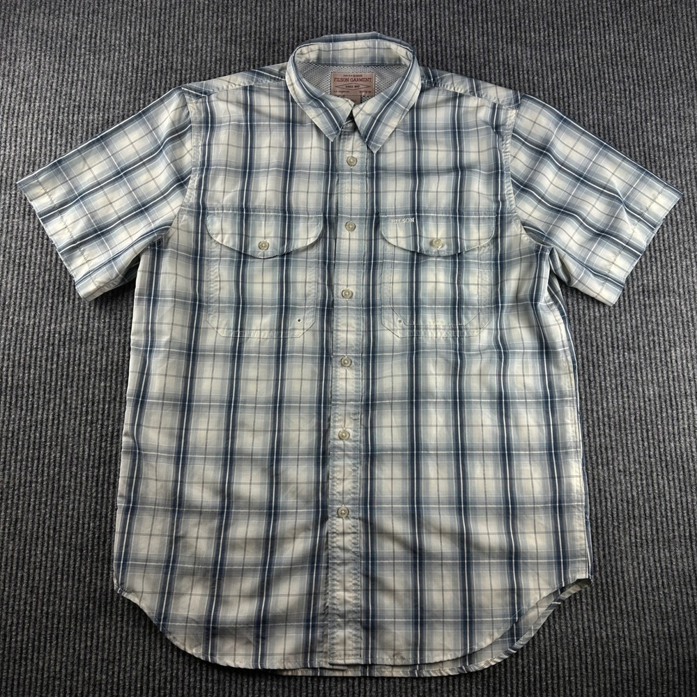 Filson Mens Blue White Plaid Vented Short Sleeve Button Down Shirt Size M